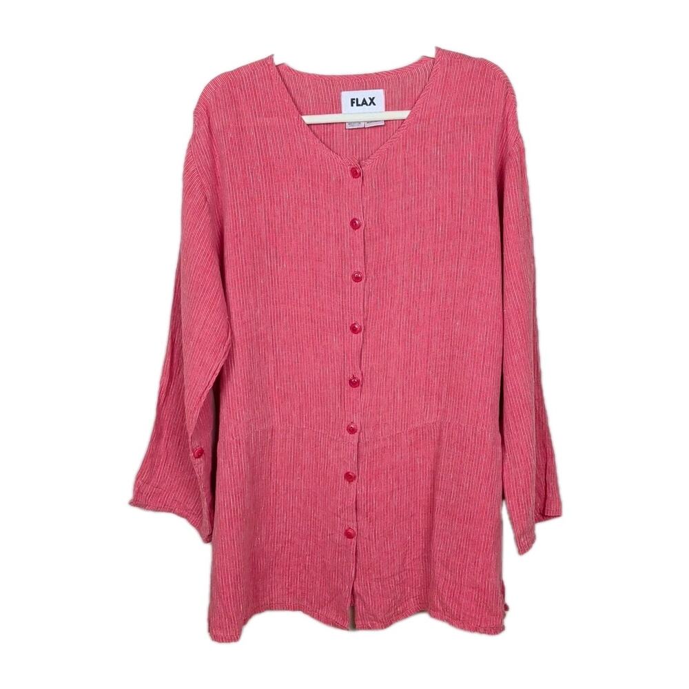 FLAX Coral Pink Striped Long Sleeve Button Down Tunic Linen Women's Medium
